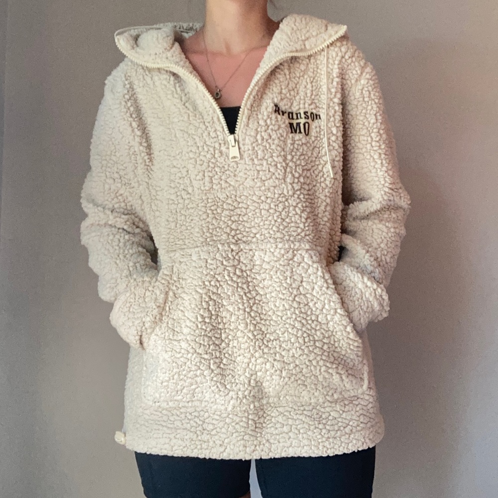 Oversized Cream Sherpa Hooded Quarter Zip Pullover Sweatshirt